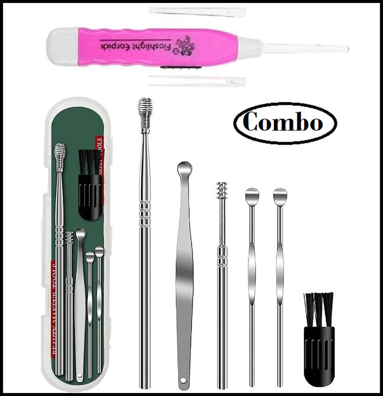 FlyTouch 7 Pcs Ear Wax Removal Kit For Complete Coil Spring Cleaner& Led Earpick For Kids(7 Items in the set)