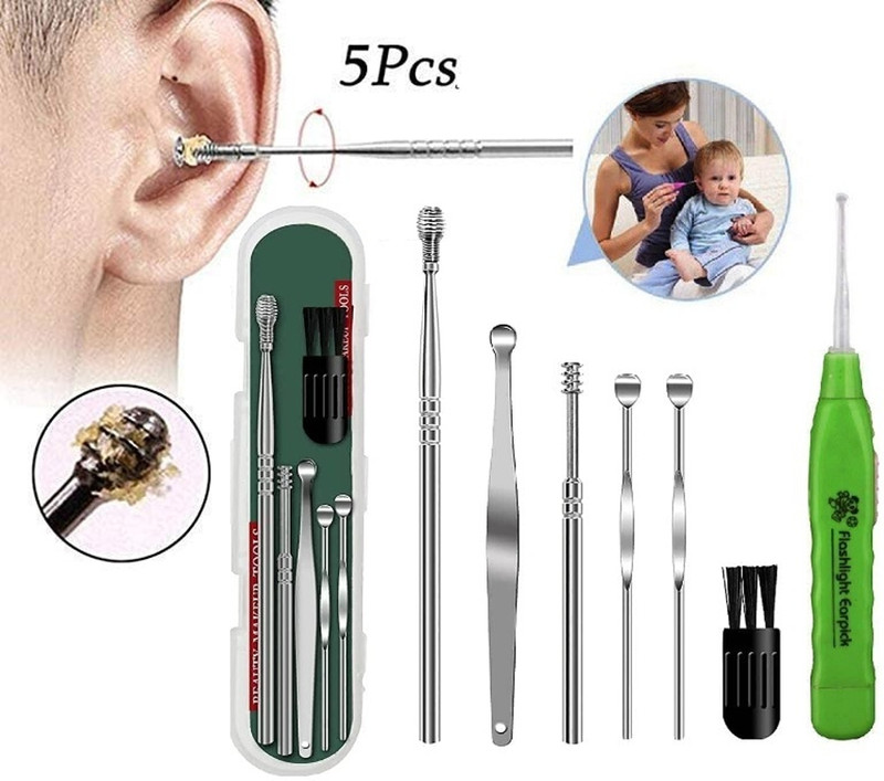 FlyTouch 7 Pcs Earwax Remover Tool, Small Size Stainless Steel Ear Cleaner & Led Earpick(7 Items in the set)