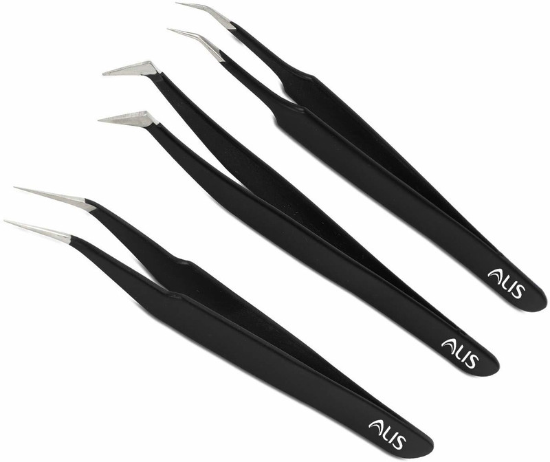 alis Crafts Precision Anti-Static Black ESD Tweezers 3 Pcs Kit (Black Coated)