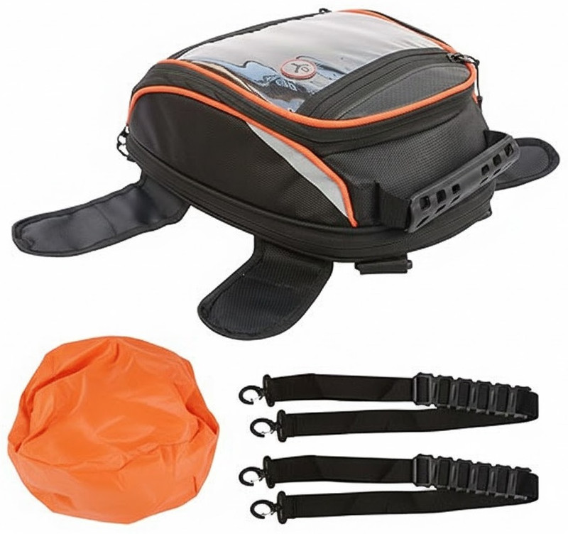 Golden Fox Magnetic Fuel Tank Bag with Rain Cover & Multi-Pocket Storage Compartments One-side Black, Orange Nylon Motorbike Saddlebag