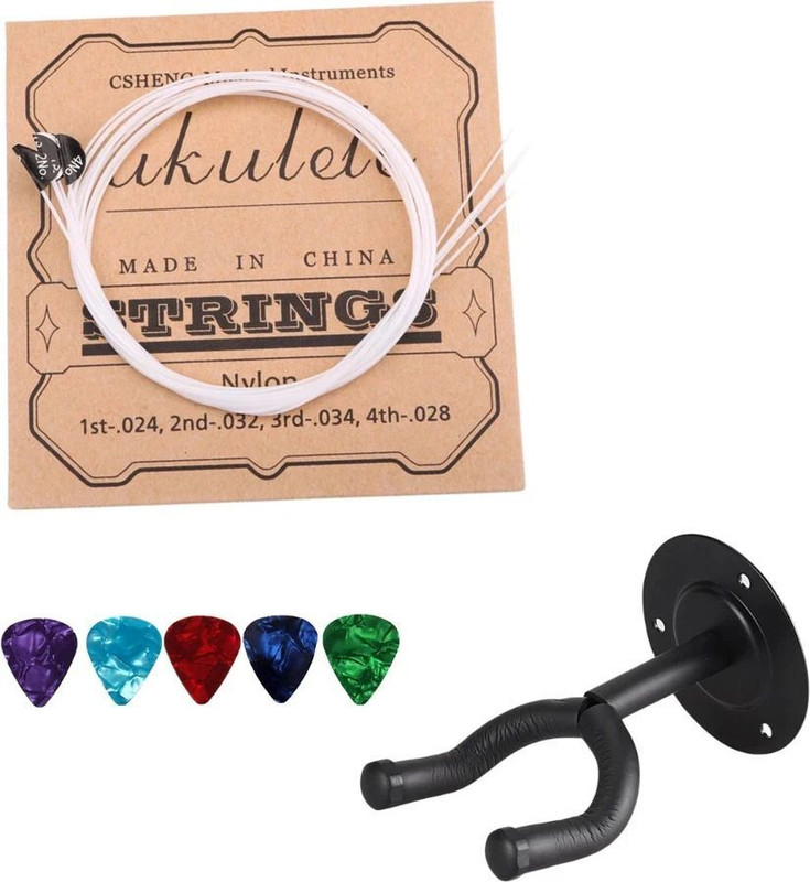 AMG Music Ukulele String Set with Guitar Wall Mount Hanger for Soprano, Concert, Tenor Concert Ukelele Strings