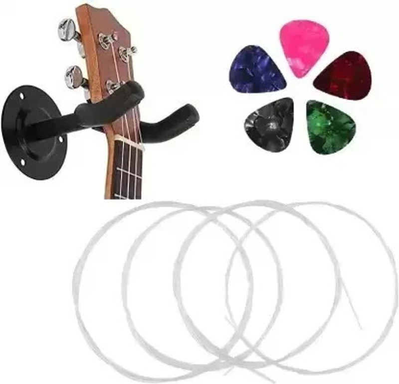 AMG Music Guitar Hanger With Picks And Set Of 4 Ukulele String For Concert 1-A,2-E,3-C,4-G Concert Ukelele Strings