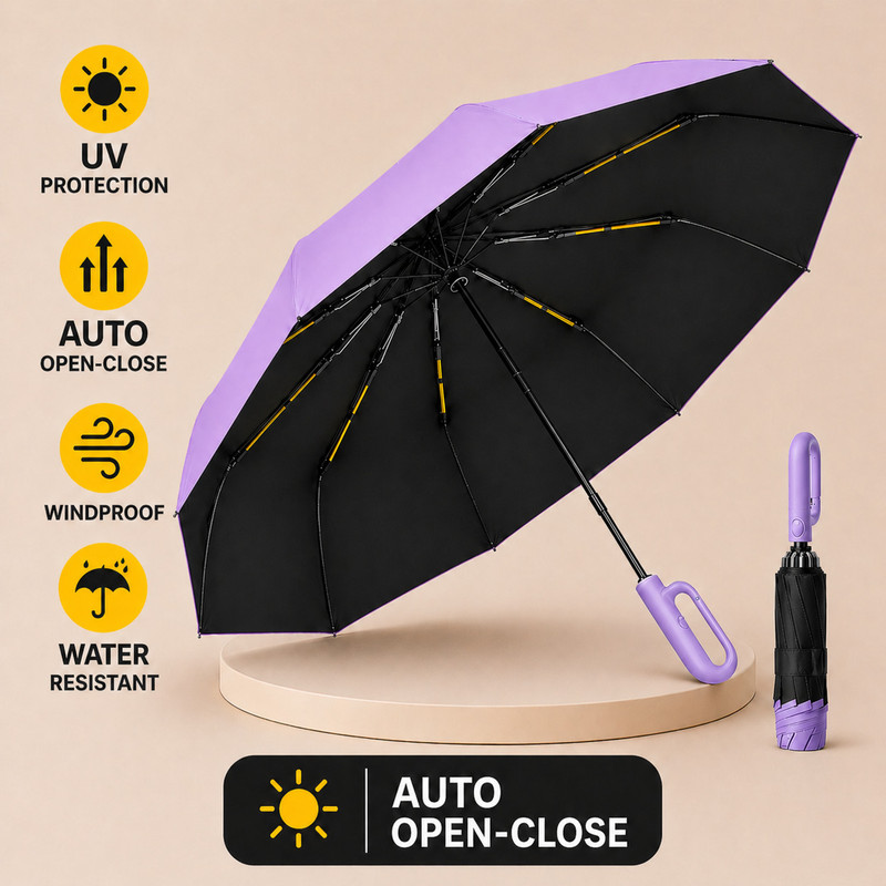 Toriyox Travel Umbrella Reverse Rain and Sun Windproof Compact, Automatic Open Close Umbrella(Purple)