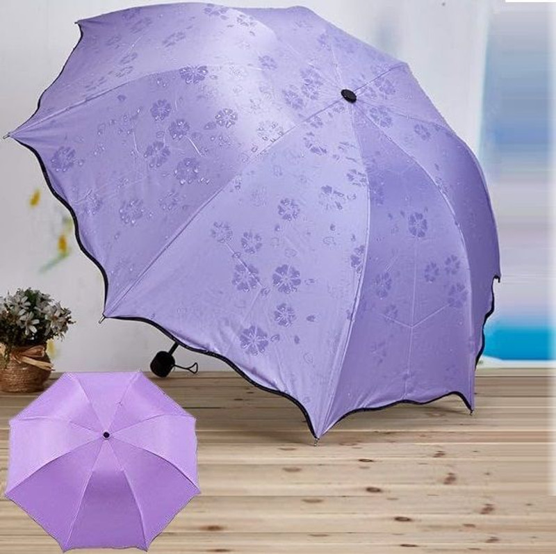 NIRMATSARAY Three Folding Umbrella Bloom Flower in Rain Water Lightweight Windproof Umbrella(Purple)