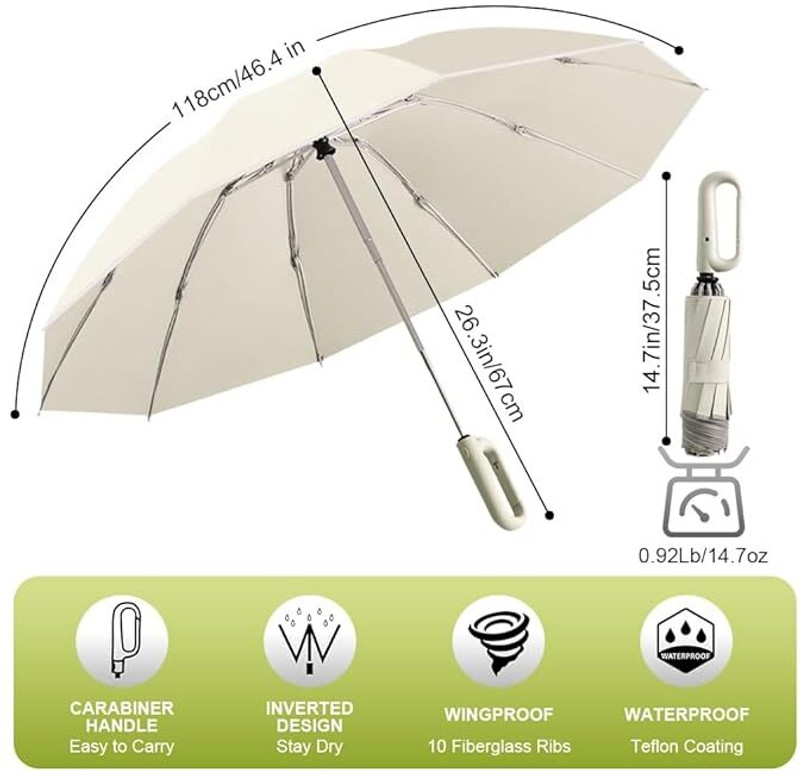 Venzina 50 Inch Large Travel Umbrella Auto Fold UV Windproof Beige Umbrella(White)