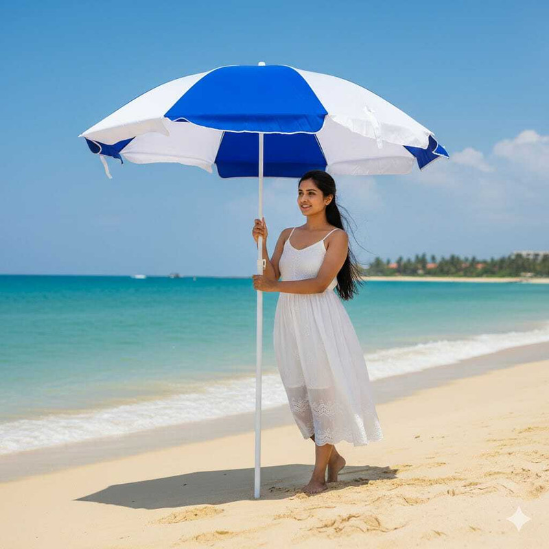 unicornstore Blue & White 7ft Beach Umbrella with White Pole Umbrella(Blue, White)