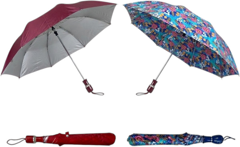 ANYTYPESHOP Pack of 2 Manual Foldable Umbrella for Rain & Sun | Portable Travel Combo. Umbrella(Maroon)