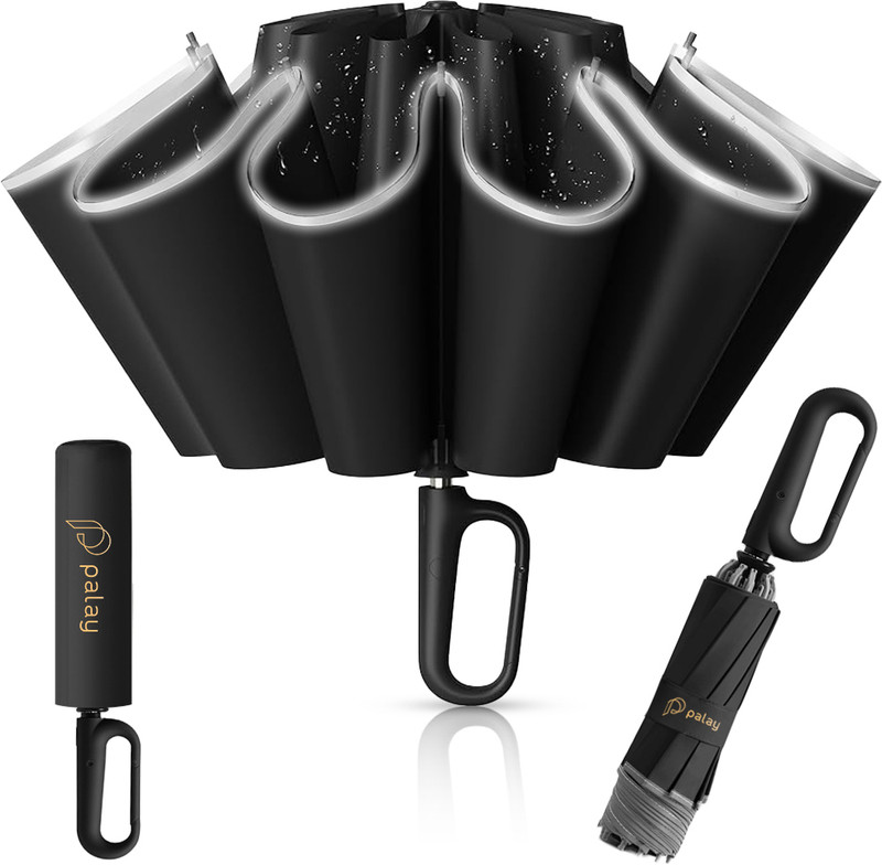 gustave 50 Inch Large Reflective Umbrella Auto Open Compact Travel Windproof Black Umbrella(Black)