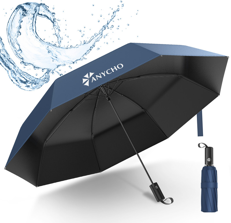 Anycho Auto Open Waterproof Umbrella for Men, 3 fold Umbrella for Women, UV Protective Umbrella(Black)