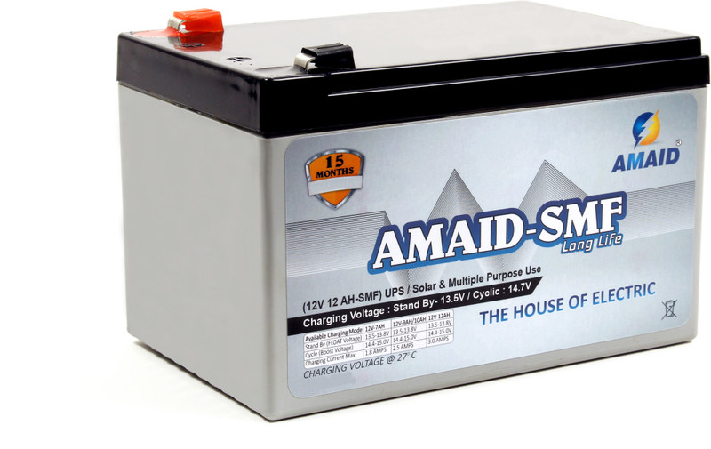 AMAID 12V 12AH at C27 SMF UPS-Emergency Battery for Use in UPS/Solar And All Multiple Use.15 Month Warranty (MADE IN INDIA). 12 V Offline/Standby Tower Model UPS 2 Outlet Plugs