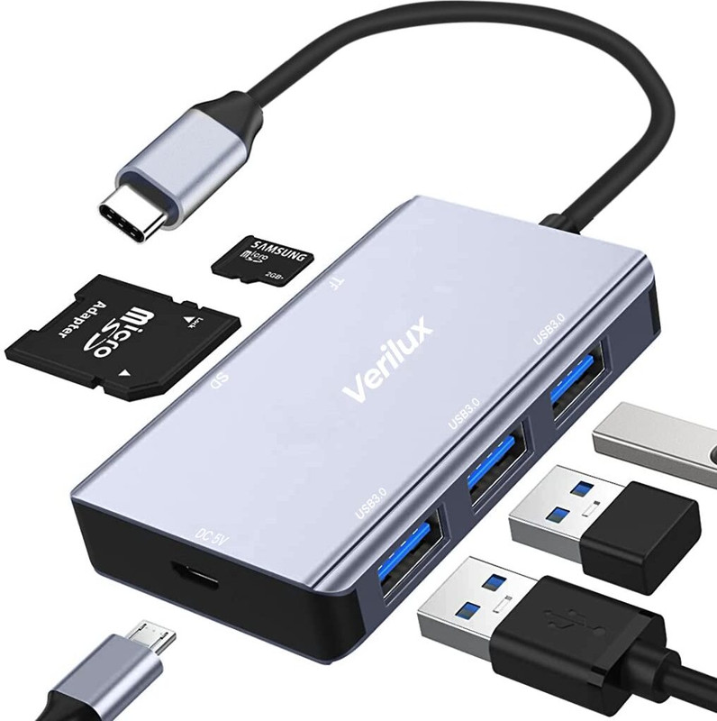 Verilux USB C Hub Multiport Adapter 6 in 1 Type C Hub with SD Slots and 3 USB 3.0 Ports USB C Hub Multiport Adapter 6 in 1 Portable Aluminum Port Replicator(Silver)