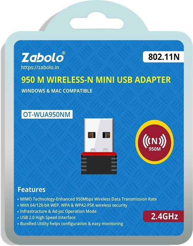 Zabolo ZB-003 Wifi Adapter 950 mbps USB Adapter(Black)