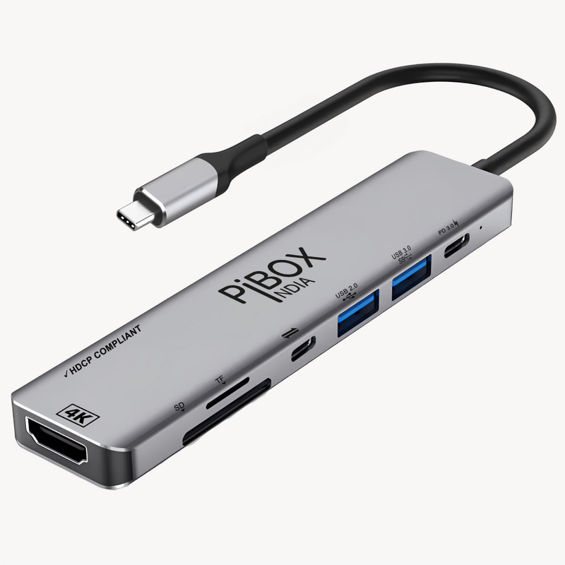 pibox india USB C to HDMI 7 in 1 Hub Dock Adapter 4K 30HZ HDCP Compliant, USB 3.0, USB-C PD USB Adapter(Platinum Grey)