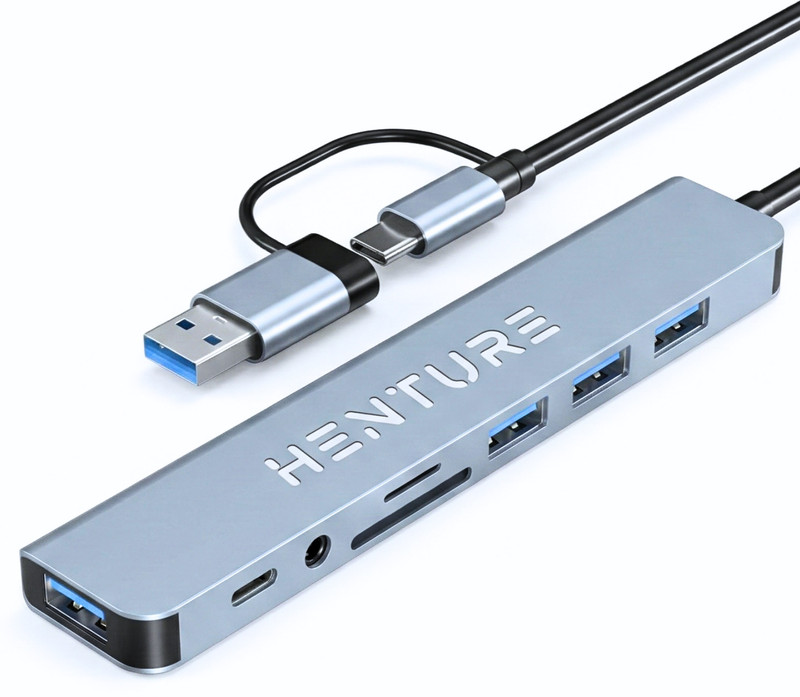 Henture 8 in 1 USB Hub with USB 3.0, 3 USB 2.0, SD/TF Card Reader & 3.5mm Audio Dual Connector USB-A & Type-C Multiport Adapter for Laptop, PC & Mac USB Hub(Grey)