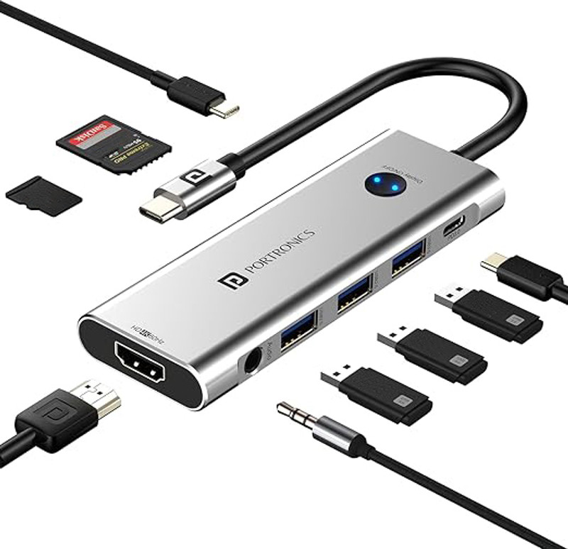 Portronics Mport One USB C Hub (9-in-1), HDMI, PD, USB 3.0/2.0, SD/microSD, HDMI Switch USB Hub(Grey)