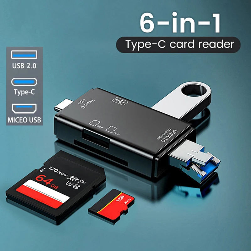 Good One 6IN1 Universal USB-C OTG Memory Card Reader for SD & MicroSD Card Reader Card Reader(Black)