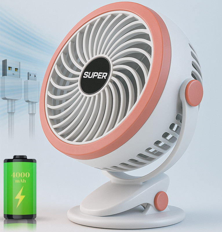 Sasimo Rechargeable 2000 mAh Desk Fan, Portable USB-Powered Quiet Table Fan 3 Blade Clip Fan Cooling Mini Hanging And Clip Table Fan Portable_2025 USB Fan(Pink, white)