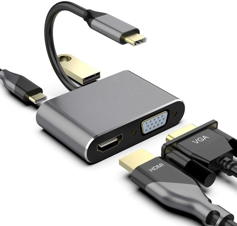 RyzCare  TV-out Cable 4 IN 1 TYPE C 4 IN 1 DOCKING STATION HDMI + VGA DOCKING STATION(Black & Grey, For Mobile, 0.5 m)