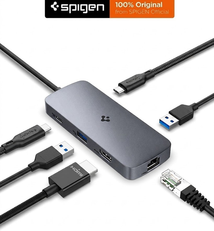 Spigen 6-in-1 USB C Adapter 8K 60Hz HDMI, Ethernet, 2 USB C 3.0 Data Ports, 2 USB A Data Ports USB Cable(Dark Silver)