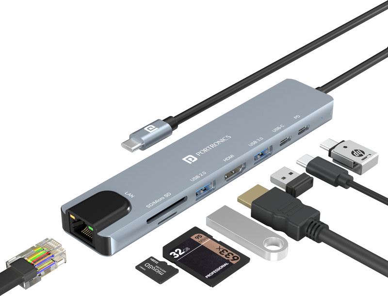 Portronics Mport 8 USB-C Hub, 8 Port, HDMI, Ethernet, USB, Card Reader, Type-C PD & Data, POR-2149 USB Hub(Grey)