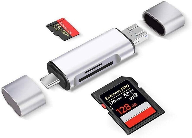 HITRIME 3 in 1 USB 3.0 Card Reader USB C, Micro USB, SD, SDXC, SDHC Memory Card Reader(Silver)