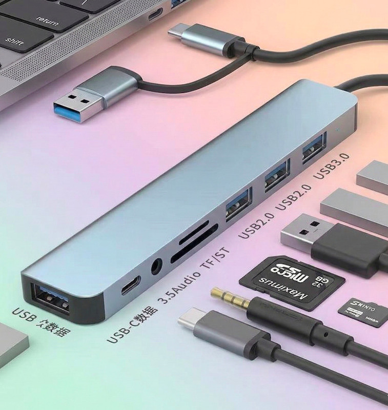 Foxne Point Multi USB C Hub Adapter with SD/TF Card Reader, USB 3.0 & 3.5mm Mic Support Card Reader(Grey)