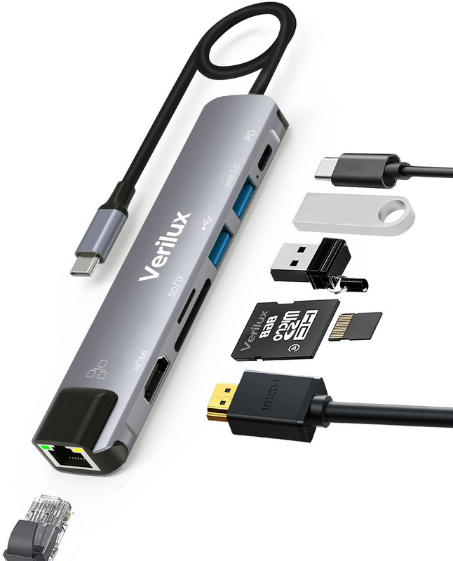 maycreate USB C Hub with Ethernet RJ45 7 in 1 USB Type C Hub with 4K HDMI and PD Charging USB C Hub 7 in 1 Type C Adapter with HDMI SD Ethernet Port Docking Station(Grey)