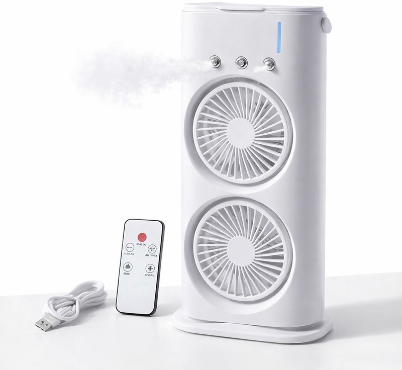 Kravion Double Head Spray Mist Fan Portable USB Rechargeable Mini Cooling Fan KRVFAN01 USB Air Cooler(White)