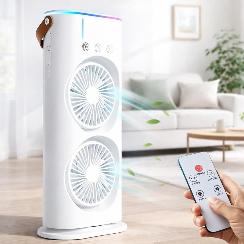 LIFEKING Double Ended Spray Fan High Speed USB Rechargeable with Swing, Remote, Lights LK-DEF USB Air Cooler(White)