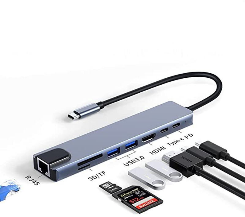 RuhZa 8 in 1 USB C Hub Multiport Adapter w for MacBook Pro/Air and Other Type C Devices USB Hub(Grey)