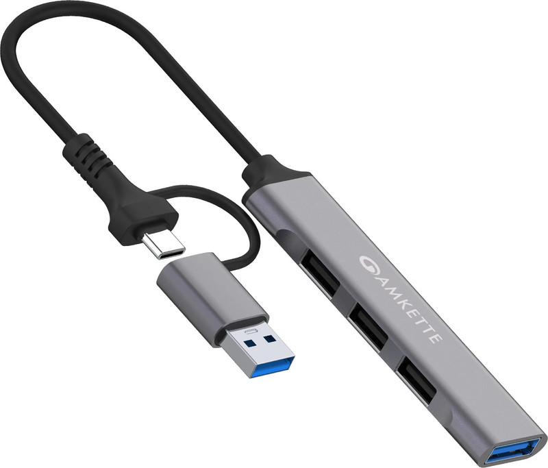 AMKETTE Type A+C USB 3.0 4 Port Metal USB Hub(Grey)