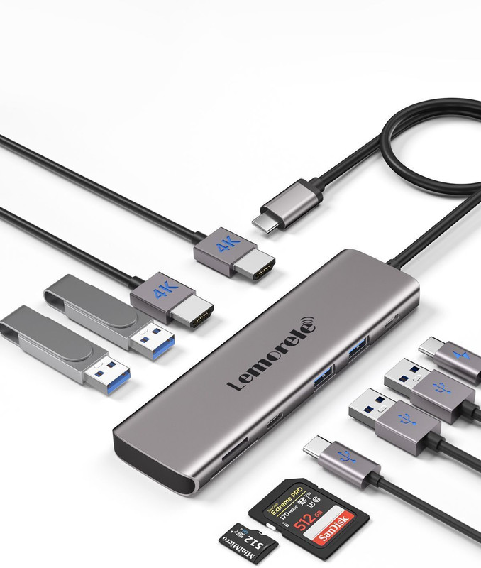 Lemorele 10 in 1 USB C Housing Adapter with Dual HDMI 4K for PC Laptop MacBook HP Dell TC91 USB Hub(Grey)