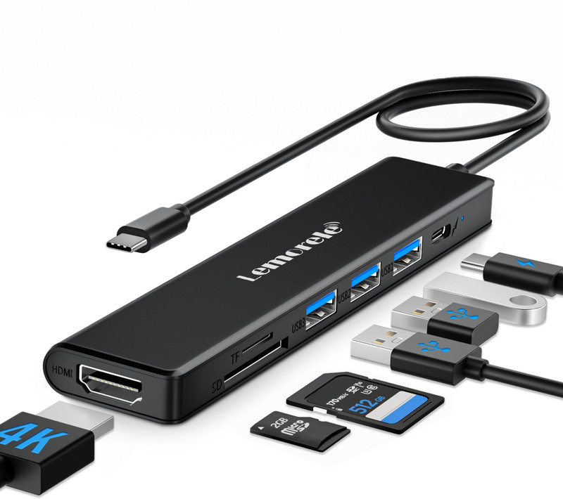 Lemorele USB Type-C Multiport Dongle Hub Adapter 7 in 1 with HDMI 4K@30Hz USB3.0 TC70 HDMI Connector(Black)