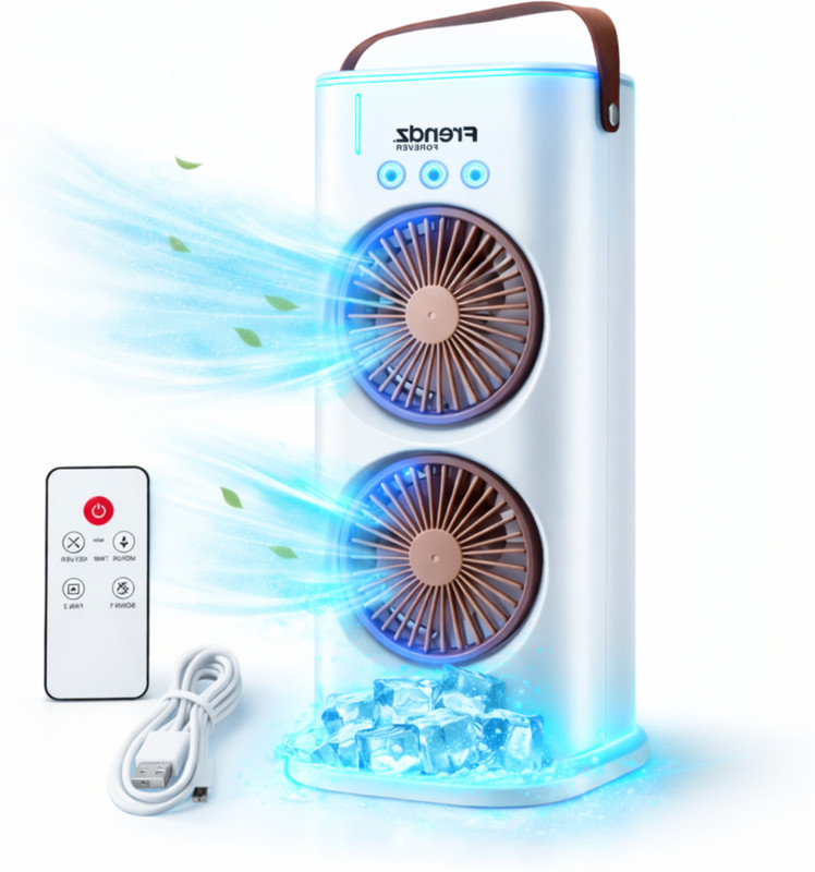 Frendz Forever Double Head Spray Fan | 280ML Tank | USB Rechargeable | 3 Speed, 180° Adjustable Air_Cooler USB Fan(White)