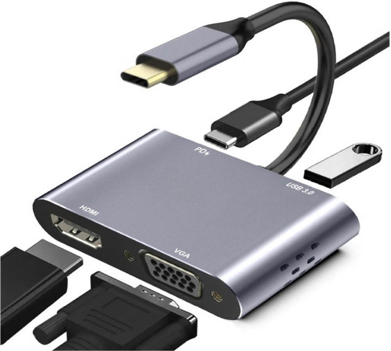 Aliens 4-in-1 Type-C Hub to HDMI 4K@30Hz, VGA 1080P@60Hz , USB 3.0 Data, 100W PD, MultiPort Adapter USB Hub(Grey, 4-in-1 Type-C)