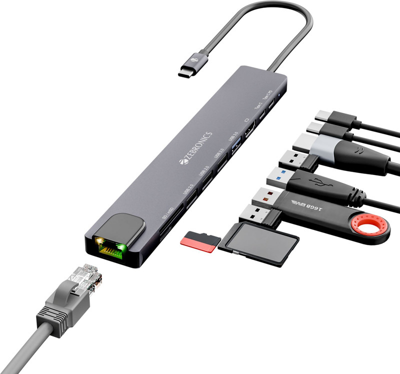 ZEBRONICS CT101, 10 in 1 Multiport HUB, 4K HDMI, 100 Watts PD Charging, USB 3.0, 2X Type C Zeb-CT101 USB Hub(Grey, Black)