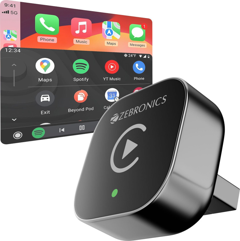 ZEBRONICS 2-in-1 Wireless CarPlay Adapter, USB-A & Type-C, BT v5.2, Wi-Fi, Plug & Play ZEB USB Hub(Black)