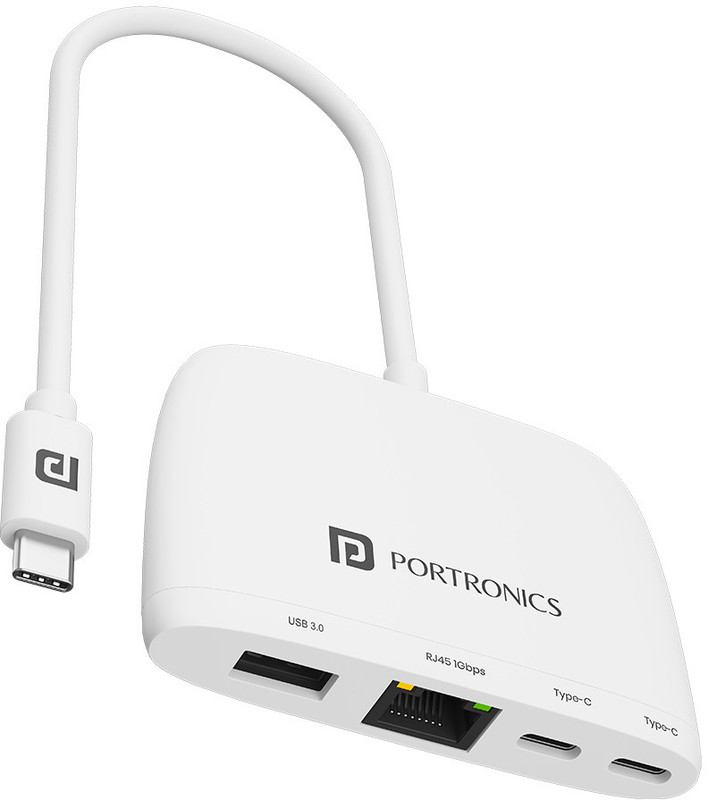 Portronics Mport 41 Type C to 1000 Mbps Ethernet RJ45 LAN Internet, Type-C Data, USB 3.0 POR-2388 USB Hub(White)