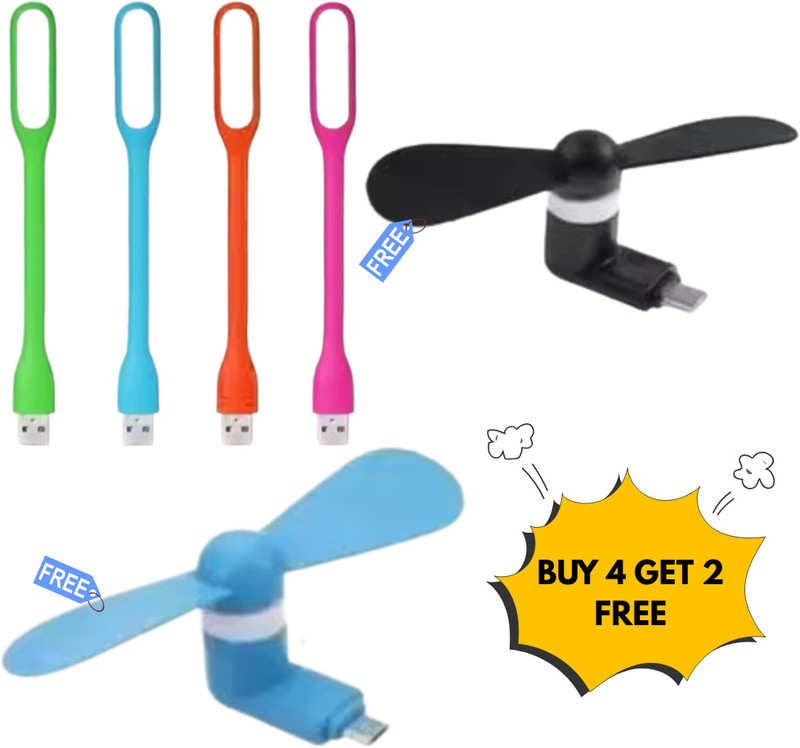 royalzonmart USB Mobile Fan + LED Light Combo – Buy 4 Get 2 Free Portable Pack USB LIGHT 4 , TYPE-C FAN 2 USB Fan(Multicolor)