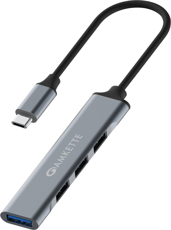 AMKETTE Type C 4-Port USB 3.0 with 5Gbps Speed, Sleek Metal Design & Universal Compatibility USB Hub(Grey)