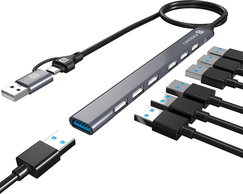 Portronics Mport 7 Multiport 7-in-1 USB HUB with Convertible Heads(Type C & USB 3.0) Portable Aluminum USB Hub(Grey)