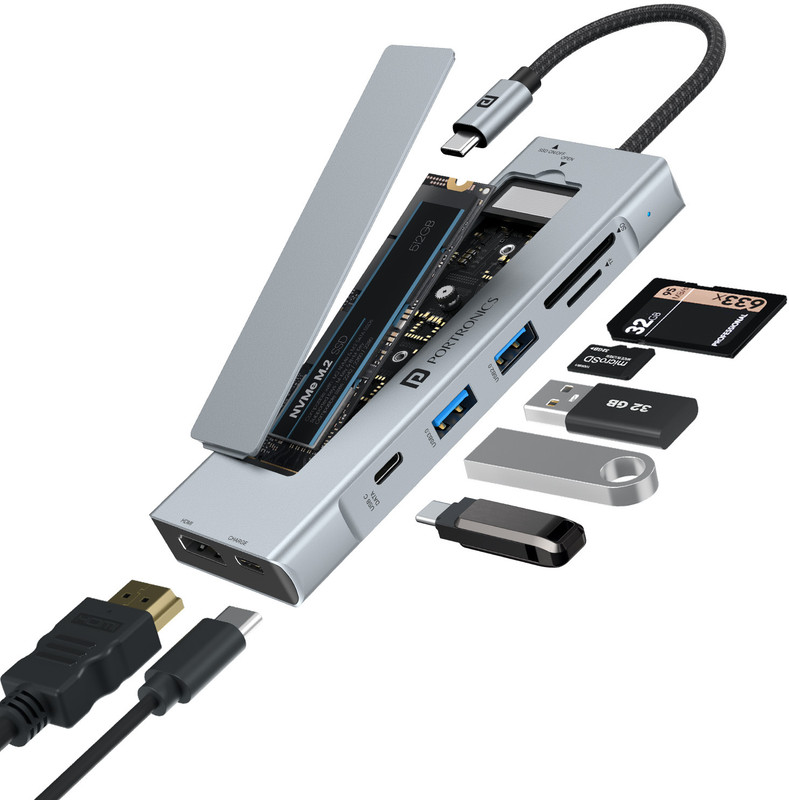 Portronics Mport Space 8-in-1 Type-C Hub, Built-in M.2 SSD Slot, 100W PD Charging, 4K HDMI USB Hub(Grey)