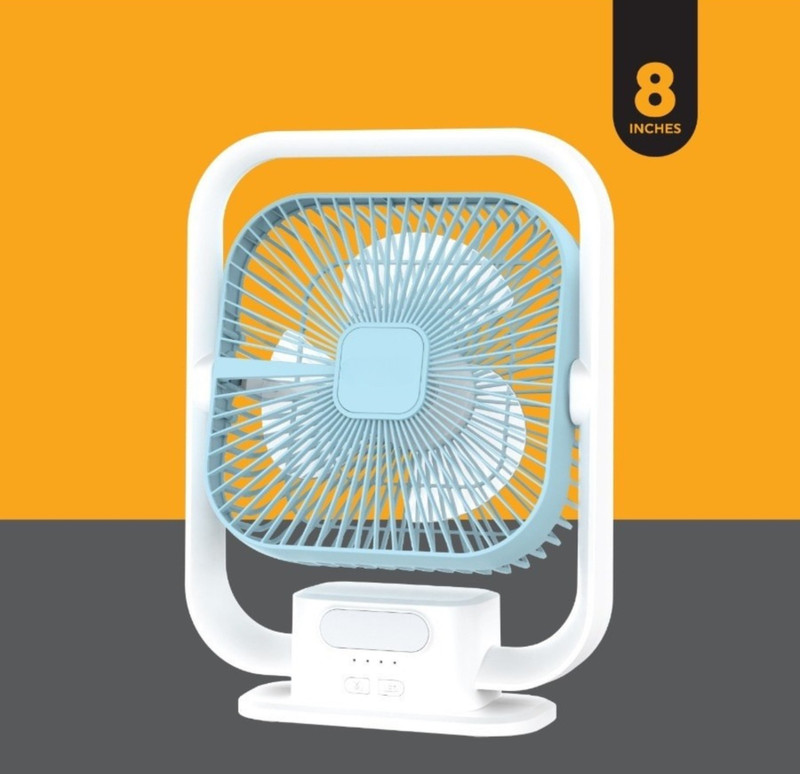 WOYR 8inch Rechargeable Table Fan with LED Light High Speed Portable Fan with 3 Speed 3000mAh Battery for Upto 8 Hours Runtime | USB Charging Fan for Desk,Home,Office Rechargeable Fan(White, Blue)
