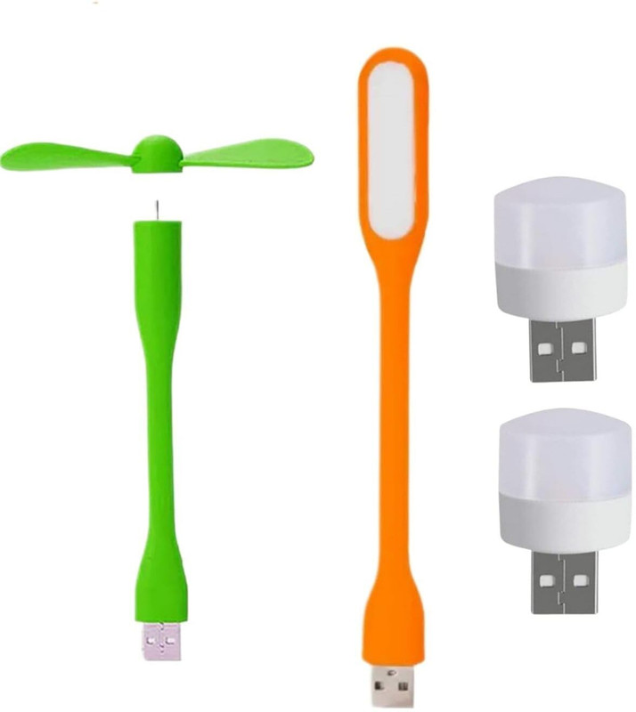 icall Combo pack of 4 (USB Fan, USB Light, Mini USB Bulb)- Emergency Combo use with Laptop, Power bank, Computer USB Fan, Led Light(Green, Orange)