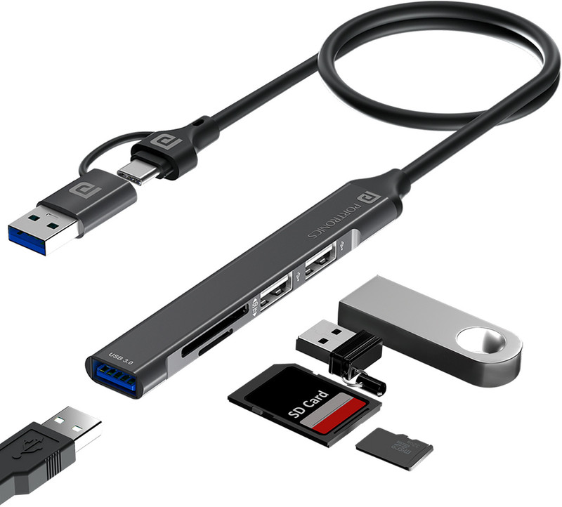 Portronics Mport 31 Plus USB Hub (5-in-1), USB & Type-C Plugs, USB 3.0 & 2.0, Card Reader USB Hub(Grey)
