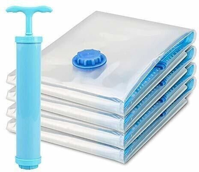 OXQFYBK Reusable Ziplock Vacuum Storage Space Saver Bags(4 PCS PLAIN BAG , 1 PUMP ) Travel Storage Vacuum Bags, Hanging Storage Vacuum Bags(Pack of 5)