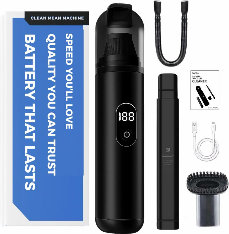 Wefilter High Power Portable LED Home with 3 Attachments Car Vacuum Cleaner(Bold Black)