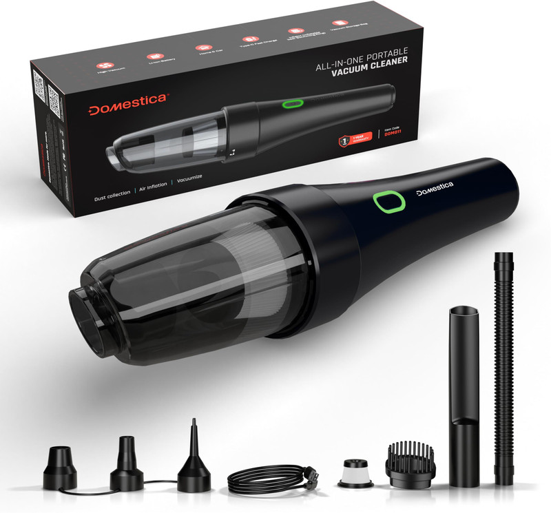 Domestica 4-in-1 Portable Handheld Vacuum Cleaner for Car Use with Blower & Inflator High Cordless Vacuum Cleaner with Anti-Bacterial Cleaning(Black)