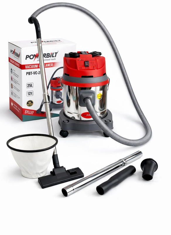 PowerBilt PBT-25 is a 25-liter capacity vacuum cleaner,2000W POWER,HEAVY DUTY STEEL TANK Wet & Dry Vacuum Cleaner with Reusable Dust Bag(White)