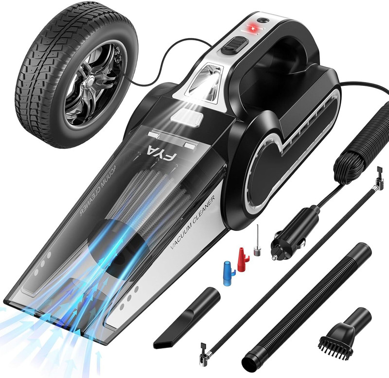 RVEnterprise 2-in-1 Portable Car Vacuum Cleaner Tire Inflator Tire Pressure Display LED Light Car Vacuum Cleaner with 2 in 1 Mopping and Vacuum, Anti-Bacterial Cleaning(Black)